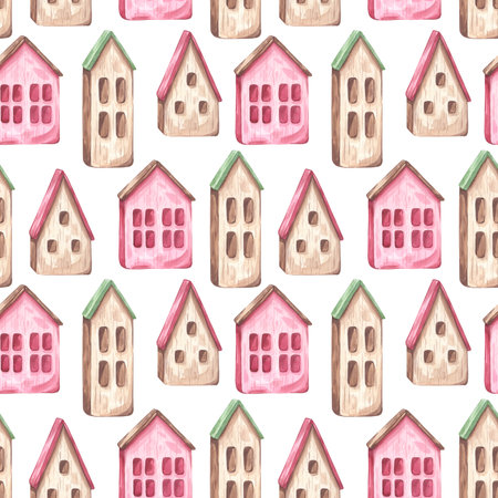 Toy wooden little house seamless, pattern. Cottage with red green sloping roof for gnome or elf. Decor for Christmas, new year. Hand drawn watercolor illustration background. Textile, print, wrappingの写真素材