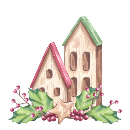 Christmas composition decorative wooden houses with green red roof for gnome elf. Branches holly, ilex berries. New Year. Hand draw watercolor illustration isolated background. For postcardsの写真素材