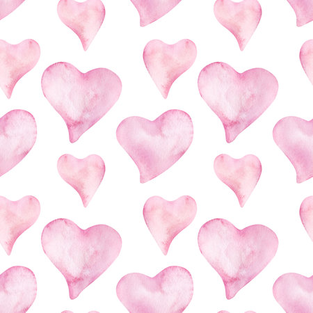 Soft pink hearts simple seamless pattern for Valentines Day or wedding. Concept love. Hand drawn watercolor illustration on white background. Textile, print, wrapping paperの写真素材