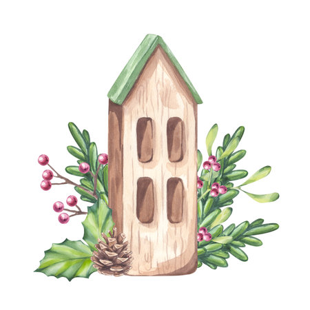Watercolor Christmas composition decorative wooden house with green roof for gnome elf. Branches holly, ilex berries, pinecone. New Year. Hand draw illustration isolated background. For postcardsの写真素材
