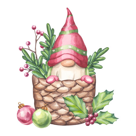 Christmas boy gnome in basket with branches holly, ilex, balls. Xmas Tree. Scandinavian character New Year. Hand draw watercolor illustration isolated background. Greeting cards, party invitation.の写真素材