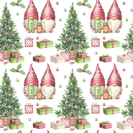 Watercolor Christmas gnomes in red hat seamless pattern. Xmas Tree, gift boxes. Scandinavian character New Year. Hand draw illustration isolated background. Textile, print, wrapping paperの写真素材