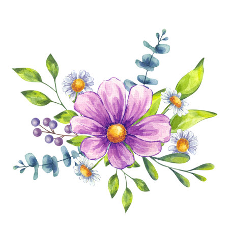 Watercolor flower composition. Purple cosmos, white daisy chamomile, berries, green leaves eucalyptus. Floral botanical drawing. Hand drawn illustration isolated background. Wedding invitationの写真素材