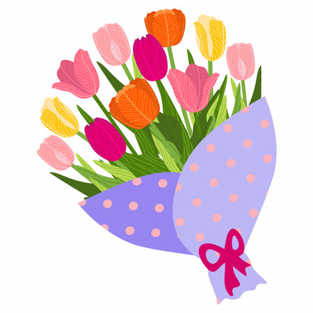 A hand-drawn, flat vector illustration of a bouquet of colorful, bloomed tulip plants.のイラスト素材