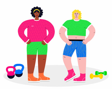 A vibrant illustration featuring two active women about to train. The illustration is hand-drawn and created in a flat vector style to depict people. Isolated on a white backgroundのイラスト素材