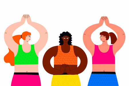 A vibrant illustration featuring three active women doing yoga. The illustration is hand-drawn and created in a flat vector style to depict people. Isolated on a white background.のイラスト素材
