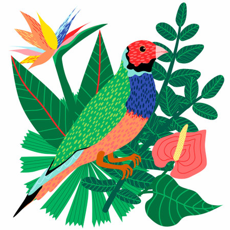 Illustration of a bouquet featuring a multicolored Gouldian finch, and various tropical flowers and...