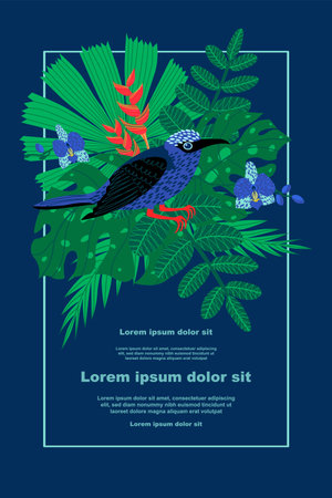 Illustration of the botanical background features a frame with a bird, various tropical leaves and flowers, and text placeholder. Ideal for social media posts, mobile apps, designのイラスト素材