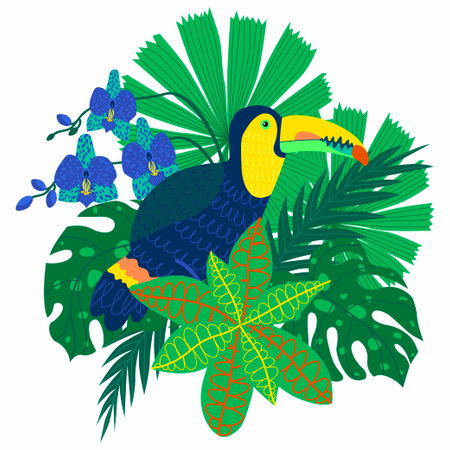 Illustration of a bouquet featuring a stylised toucan bird, orchid flowers and exotic leaves. Tropical card is isolated on a white background, ideal for invitation cards and bannerのイラスト素材