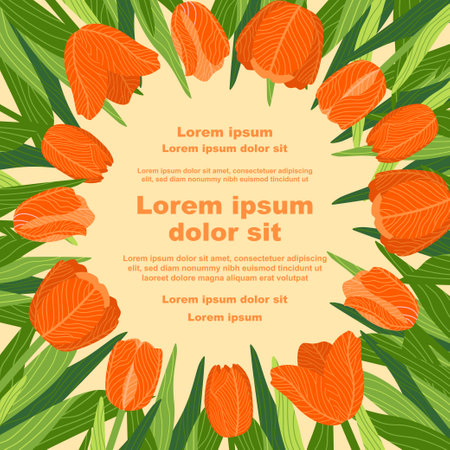 Illustration of a floral background featuring various tulips flowers, with a text placeholder. Ideal for banners, covers, greeting cards, invitations, posters, and design templatesのイラスト素材