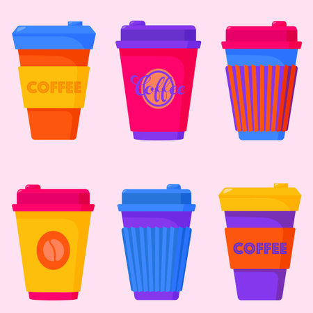 Set of vibrant disposable coffee cups with lids. Ideal for menus, stickers, pins, icons, and other web and printed designs. Hand-drawn vector illustrationsのイラスト素材