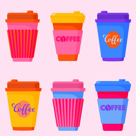 Set of vibrant disposable coffee cups with lids. Ideal for menus, stickers, pins, icons, and other web and printed designs. Hand-drawn vector illustrationsのイラスト素材