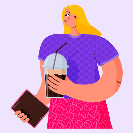 Illustration of a woman holding a disposable cup of iced coffee and enjoying it. Ideal for cafe and coffee shop menus, as well as other web and printed designs. Hand-drawn vectorのイラスト素材