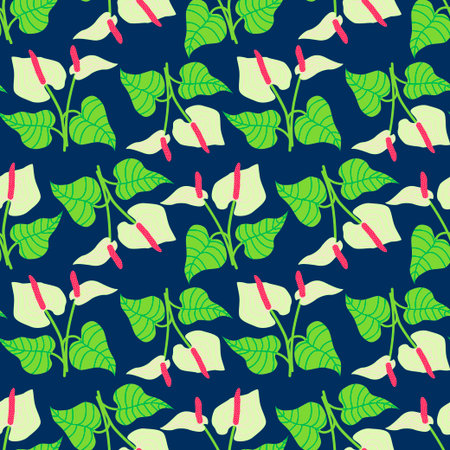 Seamless tropical pattern featuring various anthurium flowers and leaves. This botanical texture design suits prints, wall art, wallpaper, textiles, and wrapping paperのイラスト素材
