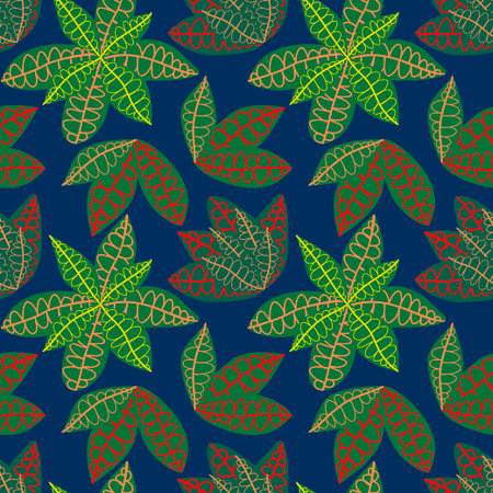 A seamless tropical pattern featuring various garden croton leaves. This botanical texture design suits prints, wall art, wallpaper, textiles, and wrapping paperのイラスト素材