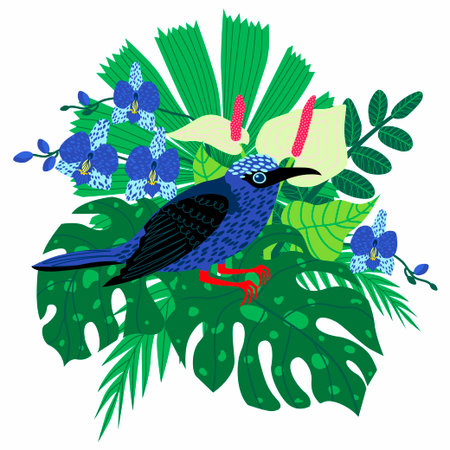 Illustration of a bouquet featuring a honeycreeper bird, orchid flowers and exotic leaves. Tropical card is isolated on a white background, ideal for invitation cards and banners.のイラスト素材
