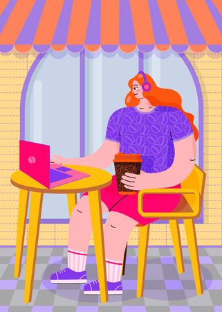 A vibrant illustration of a woman enjoying coffee while working at a coffee shop. Perfect for cafe and coffee shop menus, as well as other web, mobile, and print designs. Handdrawnのイラスト素材