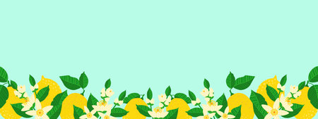 A vibrant lemon banner design on a pale blue background with copy space. Perfect for summer sales, organic product ads, juice packaging, or web designs. Hand-drawn vectorのイラスト素材