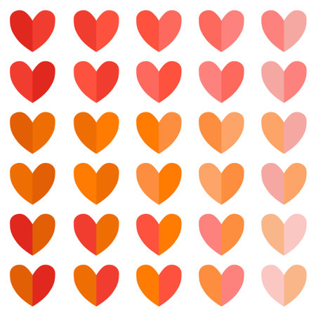 Lovely collection of split-colored hearts in a flat style. Design elements for Valentine's Day, love-themed graphics, stickers, greeting cards, and romantic decor and backgrounds.のイラスト素材