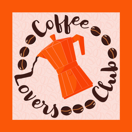 Coffee illustration featuring a moka pot surrounded by coffee beans, with the text âCoffee Lovers Club.â Perfect for cafÃ© branding, stickers, posters, menu designs, and decor.のイラスト素材