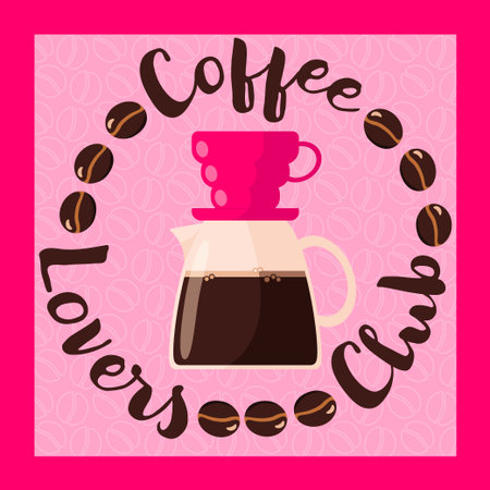 V60 dripper surrounded by coffee beans and the phrase âCoffee Lovers Club.â Ideal for cafÃ© branding, stickers, posters, menus, packaging, and coffee-themed decor.のイラスト素材
