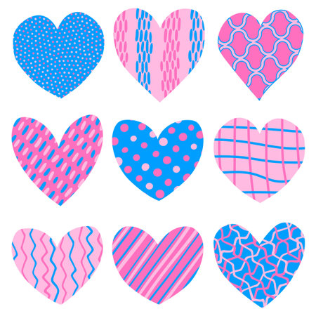 Excellent collection of textured hearts. Perfect trendy elements for Valentineâs Day designs, love graphics, stickers, pins, greeting cards, romantic decorations, and backgroundsのイラスト素材