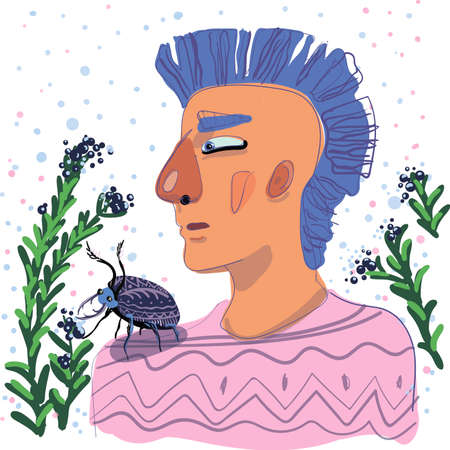 blue haired boy with a big bug on his shoulder looking at a bushes of blueberries and there are pink and blue dots on the background.のイラスト素材