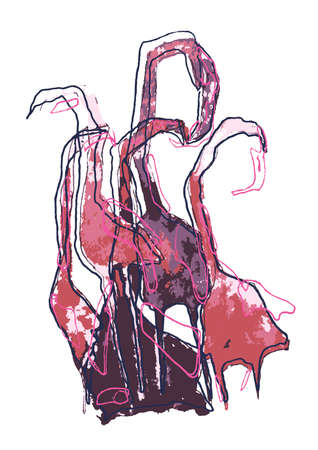 abstract pink and violet flamingos with linesのイラスト素材