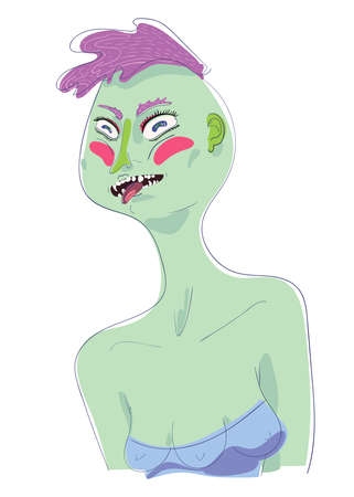 green skinned alien and which has pink hair and three boobs shows a tongue and teethの写真素材