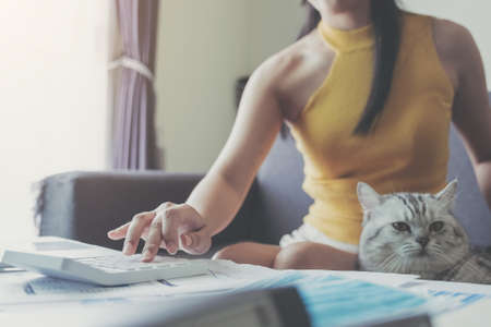 Cat on a sofa and a woman working from home with use calculator. Coronavirus outbreak, stay at home and social distancing concept.の写真素材