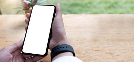 mockup image cell phone blank white screen for text.の写真素材