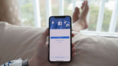 CHIANG MAI, THAILAND MAY 6 2020 : Telegram application icon on Apple iPhone Xs screen close-up. Telegram app icon. Telegram is an online social media network. Social media appのeditorial素材