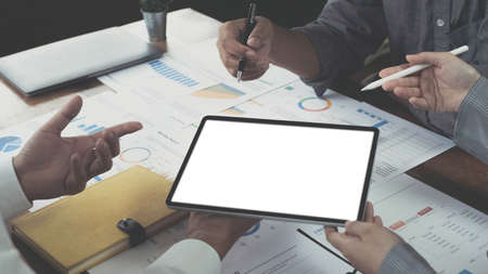 Portrait with Asian businesswoman use stylus pen write on tablet, white screen of tablet.
