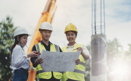 Three experts inspect commercial building construction sites and construction site holding...