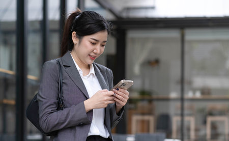 Portrait of a beautiful smiling woman using a mobile phone outdoorsの写真素材