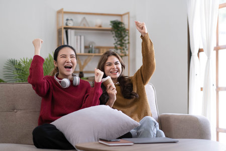 Two Young womanWatching TV Shaking Fists In Joy Celebrating Victory Of Favorite Sport Team Sitting On Couch In Living Room At Home. Weekend Leisure, Television Show And Entertainment Conceptの写真素材