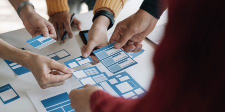 Young Asian business creative team work together, mobile application software design project. Brainstorm meeting, internet technology, smartphone web app designer, office coworker teamwork conceptの写真素材