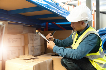 Portrait An Asian warehouse worker in a blue security suit holding clipboard working at store...