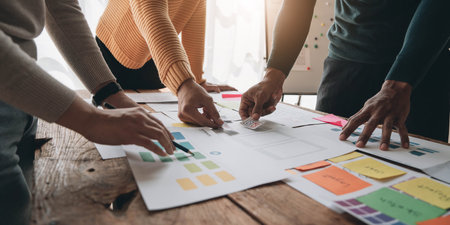 Close up ux developer and ui designer brainstorming about mobile app interface wireframe design on table with customer breif and color code at modern office.Creative digital development agencyの写真素材