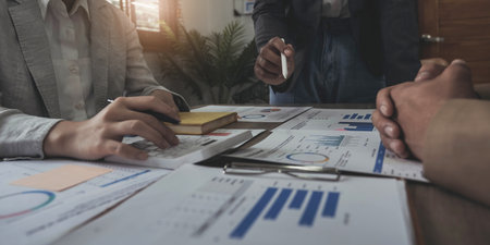 Business financial, accountant discussing with partner are meeting to audit finance planning sales...