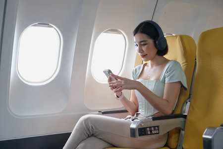 Young female listening favourite songs during flight in first class cabin using mobile playlist and accessory, woman entertaining on airplane board enjoying music in headphones from smartphoneの写真素材