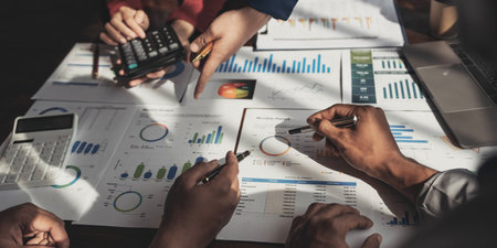 Business financial, accountant discussing with partner are meeting to audit finance planning sales...
