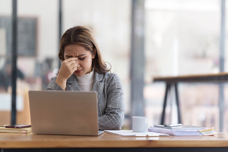 asian woman thinking hard concerned about online problem solution looking at laptop screen, worried serious asian businesswoman focused on solving difficult work computer taskの写真素材