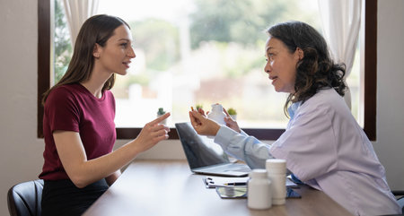 Middle aged female pediatrician listening to young womans complaints with health problems And write...