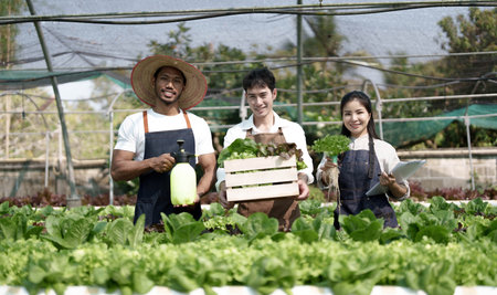 Attractive agriculturists harvesting green oak and lettuce together at green house farm. Asian farmers work in vegetables hydroponic farm with happiness..の写真素材