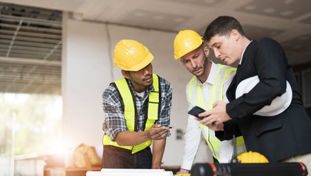 Diverse Team of Specialists Use Laptop on Construction Site. Real Estate Building Project with...