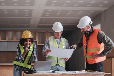 Civil engineer teams meeting working together wear worker helmets hardhat on construction site in...
