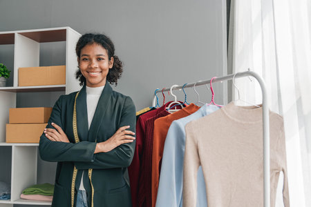 portrait smile black woman working on clothes in tailoring atelier. Attractive beautiful young...