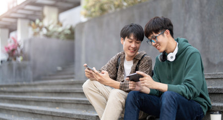 Happy Asian man college student playing mobile game on his smartphone with his friendの写真素材