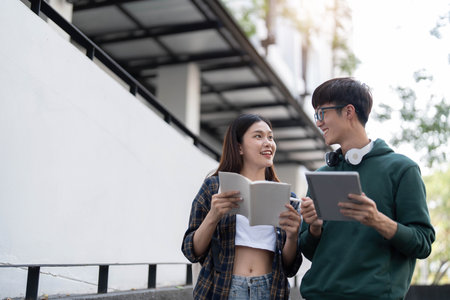 Group of Asian college student reading books and tutoring special class for exam on grass field at outdoors. Happiness and Education learning concept. Back to school concept. Teen and people theme.の写真素材